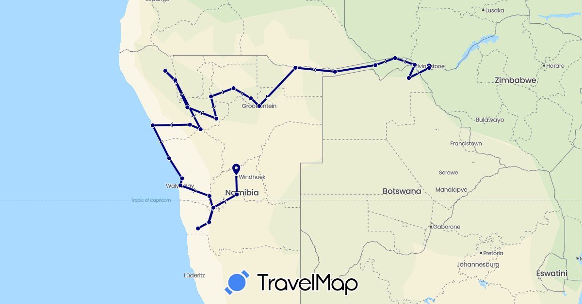 TravelMap itinerary: driving in Botswana, Namibia, Zambia, Zimbabwe (Africa)
